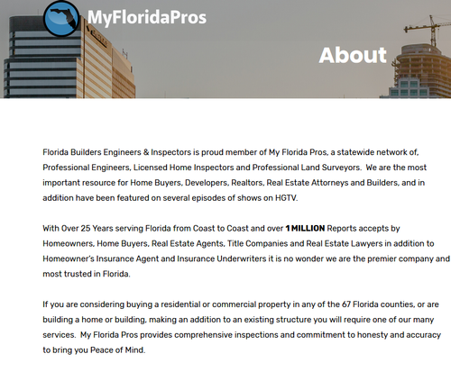 My Florida Pros
Miami, FL
(877) 894-8001

https://myfloridapros.com/home-inspections/