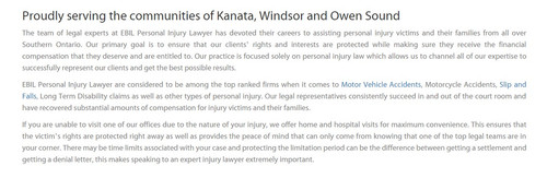 EBIL Personal Injury Lawyer
80 Terence Matthews Crescent, Unit 5
Kanata, ON K2M 2B4
(800) 259-7122

https://ebilinjurylaw.ca/kanata.html