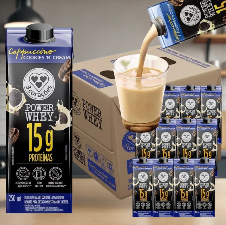 3 Corações Bebida Láctea Cappuccino Power Whey Cookies n’Cream 15g de Proteína com Cafeína 250ml – 12 unidades