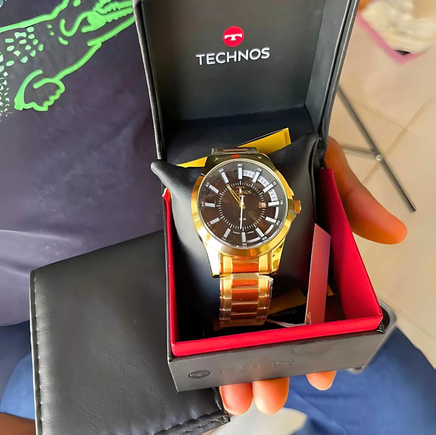 Relógio Masculino Dourado Technos Ouro 18k Carteira Brinde