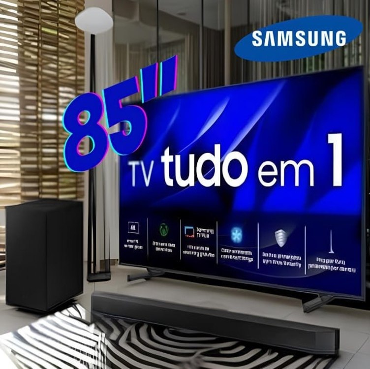 Smart TV 85” 4K Samsung Ultra HD 85DU8000 com processador Crystal 4K, Gamig Hub, AI Energy Mode, Alexa built in, Wi-Fi, Bluetooth, USB e HDMI