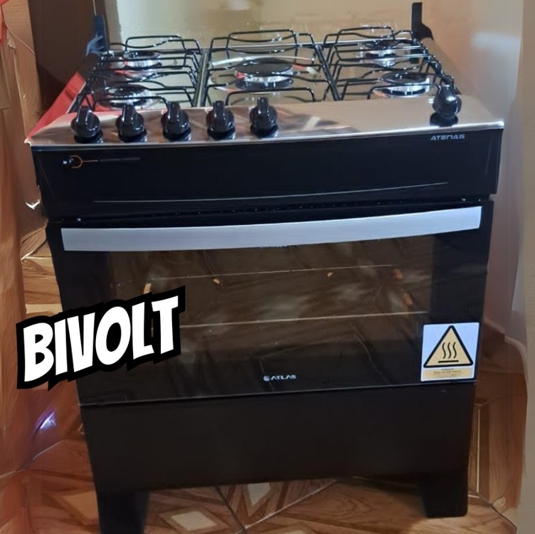 Fogão 5 Bocas Preto com Mesa Inox Atlas Atenas Bivolt