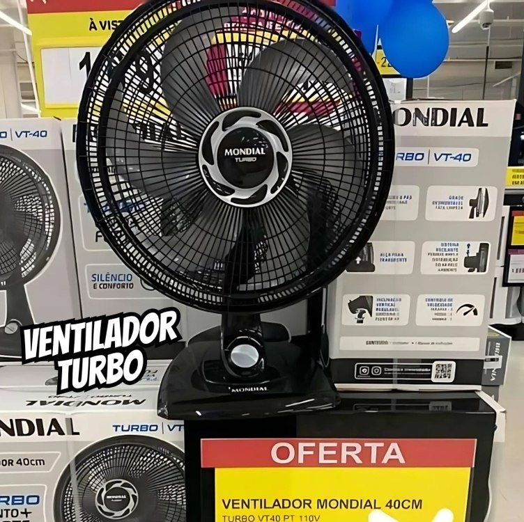 Ventilador de Mesa 40cm Mondial Turbo VT40NB com 8 Pás, 3 Velocidades – Preto e Prata