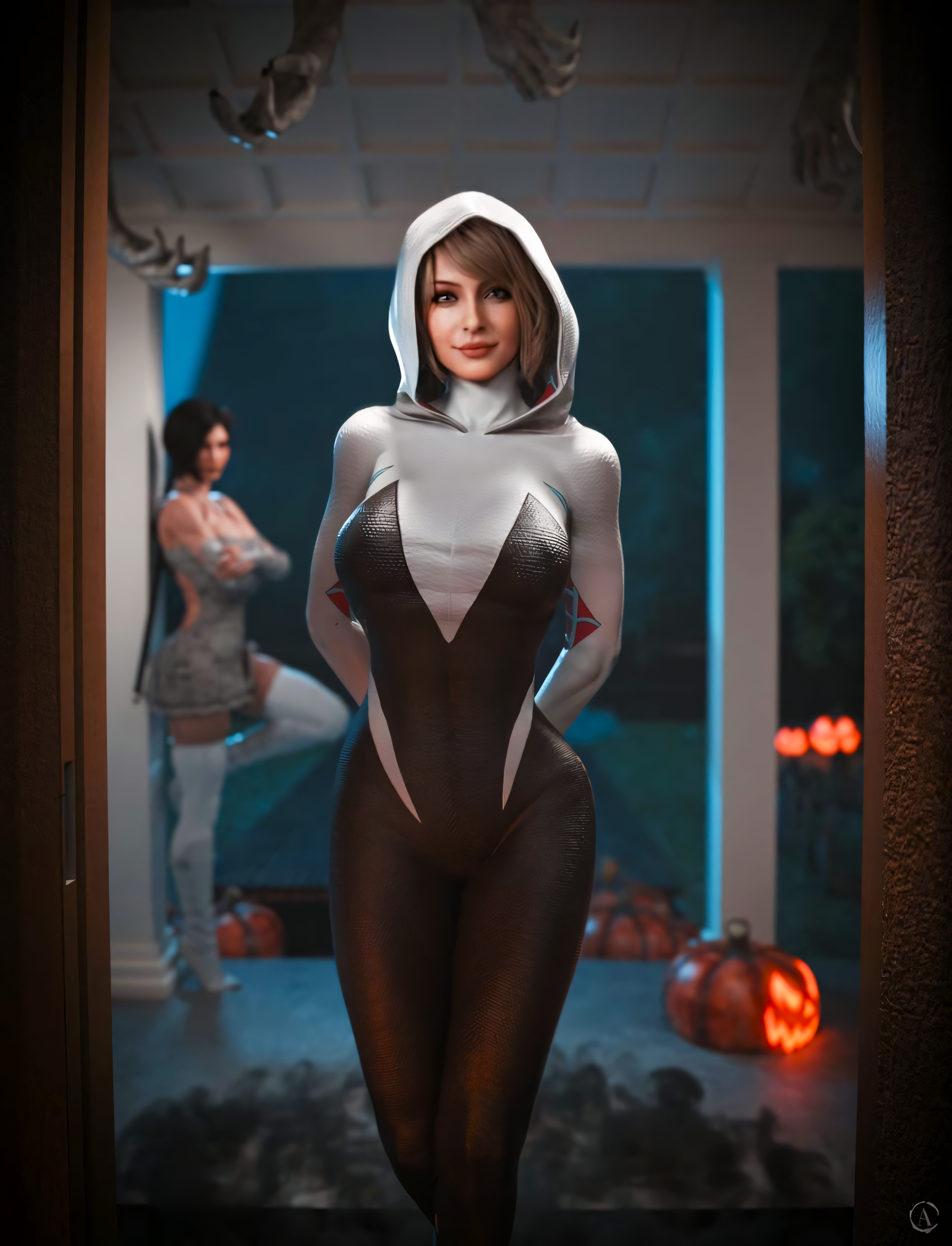 Ashley Graham=description={Name: "Ashley Graham", Age: "20", Height: "5'6”", Hair: "blonde", "shoulder-length", "slightly wavy", Eyes: "bright blue"} Appearance= "youthful", "slender", "fair-skinned", "expressive blue eyes", "innocent demeanor" Clothing= "black bodysuit with white areas that form a spider design", "white hood with the interior lining being magenta with cyan web patterns", "magenta-and-cyan designs on her upper arms", "cyan ballet shoes" Ada Wong=description={Name:"Ada Wong", Age:"30", Height:"175cm", Hair: “Black”, “Short bob style”, Eyes: “Brown”, “Hazel”} Appearance= "Slutty", "Sexy outfit", "Alluring", "Lean yet curvaceous" Clothing= "Virgin Killer sweater", "thigh-high white high-heel boots”