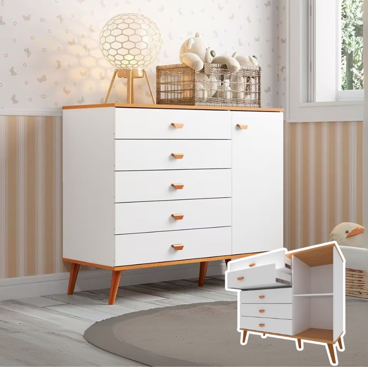 Cômoda Infantil Bartira Ternura com 5 Gavetas e 1 Porta – 106,8cm de largura – Branco Wood