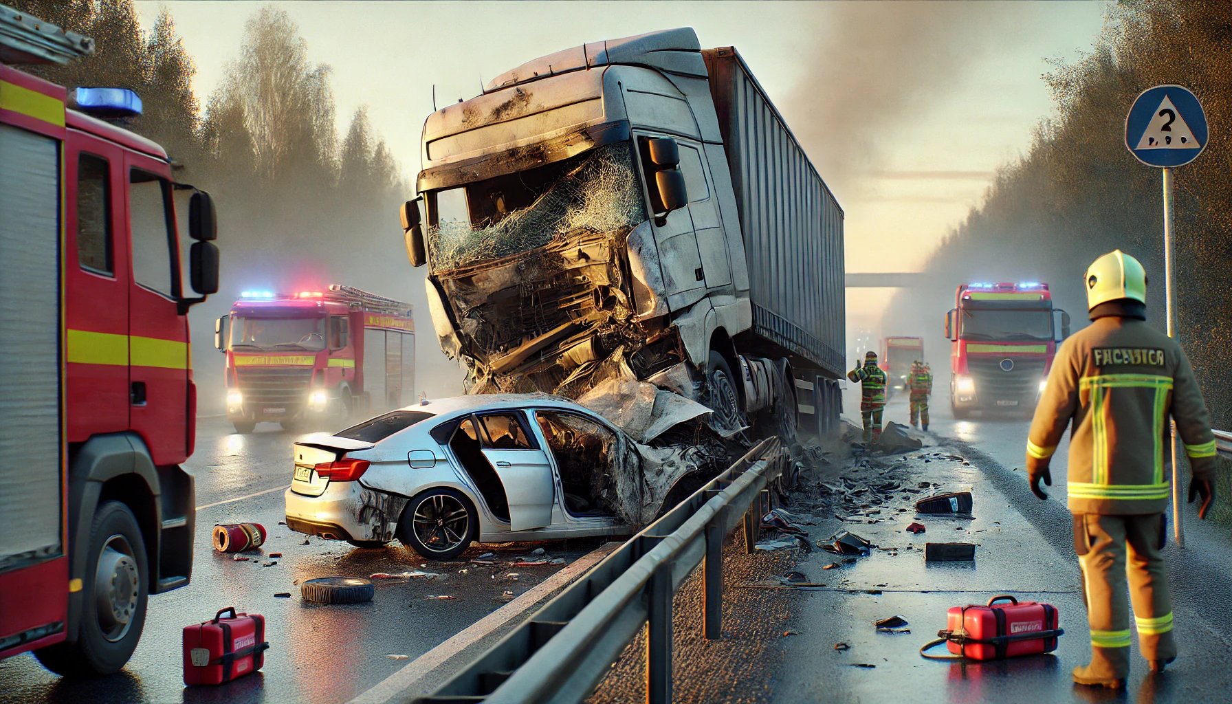 DALL·E 2024 11 19 12.26.12 A realistic photo of a traffic accident on a highway with a crashed car