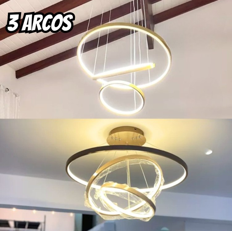 Pendente Lustre Luminária Teto 3 Aros Arcos Led Dourado