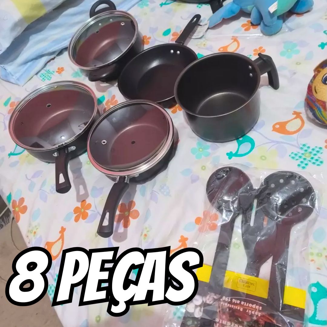 Conjunto De Panelas 8 Pçs Teflon Tampas De Vidro Promoção