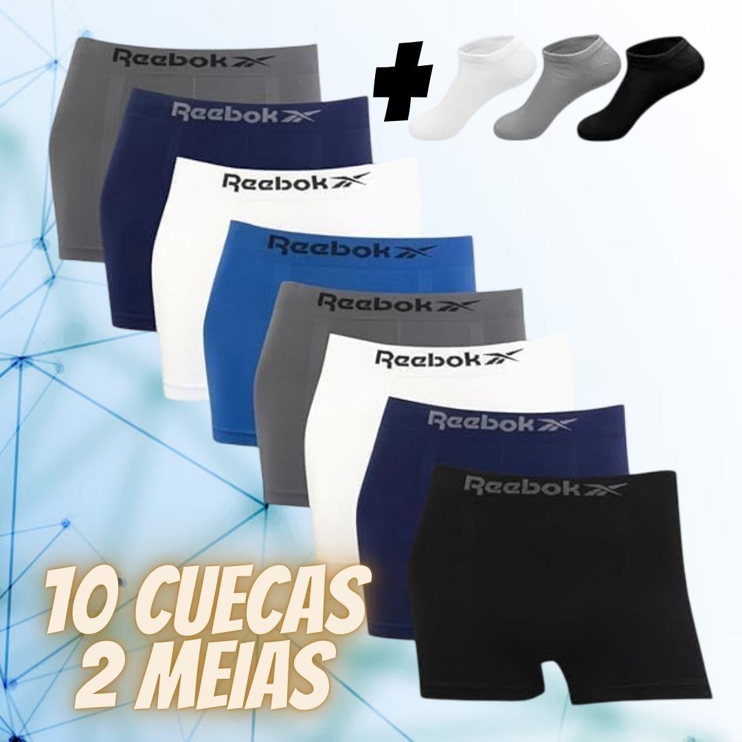 Kit 10 Cuecas Boxer Reebok Masculinas Microfibra Adulto Box Sem Costura + 2 Pares de Meias (BR, Alfa, GG, Regular, Sortido)