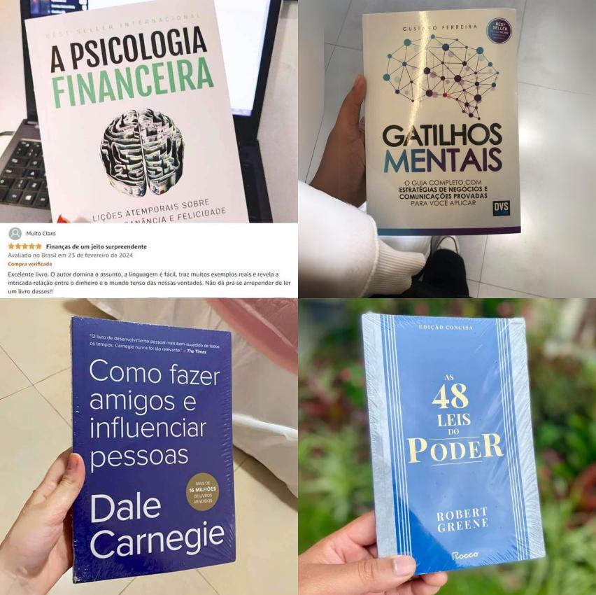 4 livros –  A psicologia financeira, As 48 leis do poder, Gatilhos Mentais e Como fazer amigos e influenciar pessoas