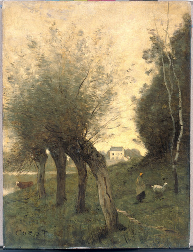 Corot, Camille Пейзаж с узловатой ивой, 1875, 40 cm х 30,5 cm, Дерево, масло
