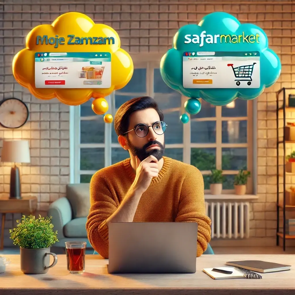 image of an Iranian user sitting at a desk, thoughtfully analyzing the two platforms, MOJEZAMZAM and SAFARMARKET.