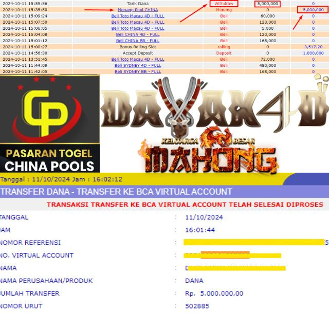 SELAMAT KEPADA ID XXXX JACKPOT POOL CHINA DI WEB DAYAK4D