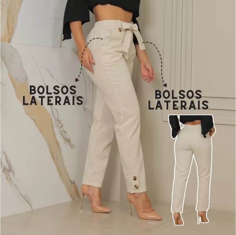 Calça Linho Alfaiataria Jogger Fita Cintura Alta Social Laço