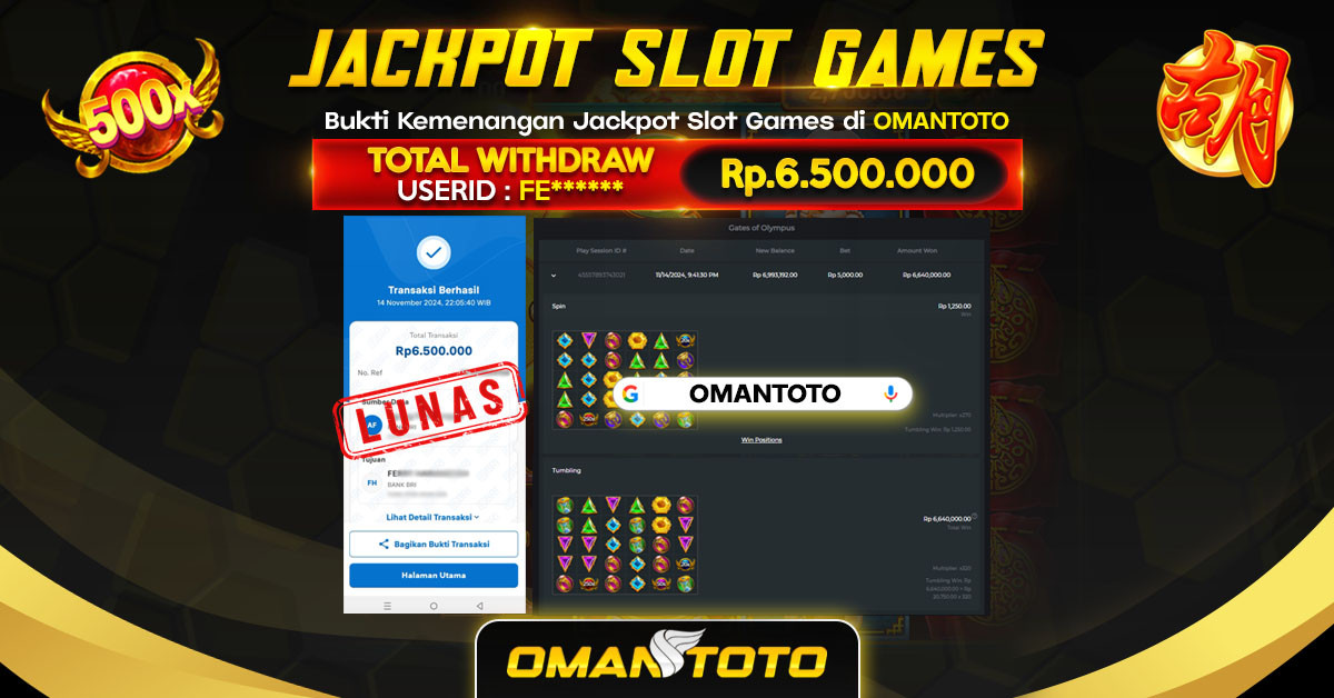 OMANTOTO JACKPOT SLOT GAMES Rp. 6.500.000,-