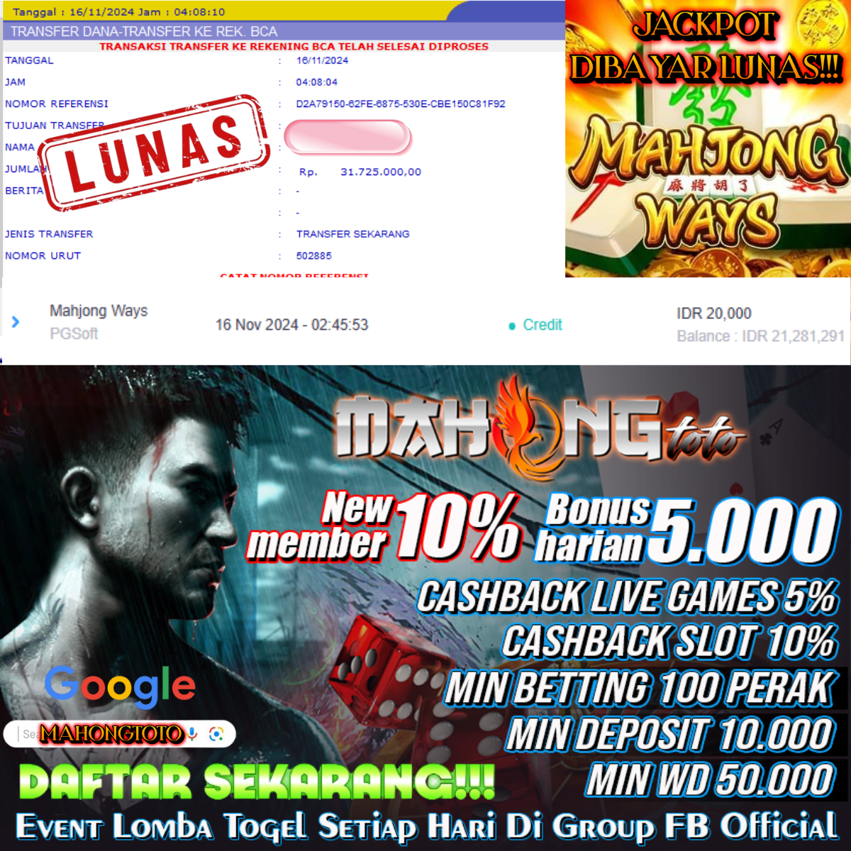 SELAMAT KEPADA ID ARXXXX JACKPOT PERMAINAN Mahjong Ways PGSoft DI WEB MAHONGTOTO
