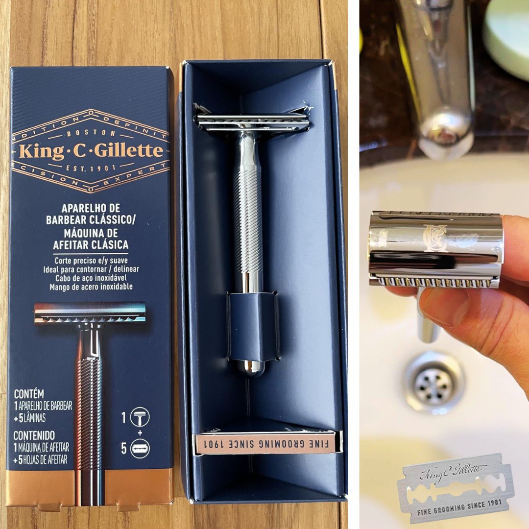 KING C. GILLETTE, Aparelho de Barbear Clássico + 5 Lâminas de barbear com Duplo Fio, aço inoxidável, Barbeador para homens, Cuidado para Barba