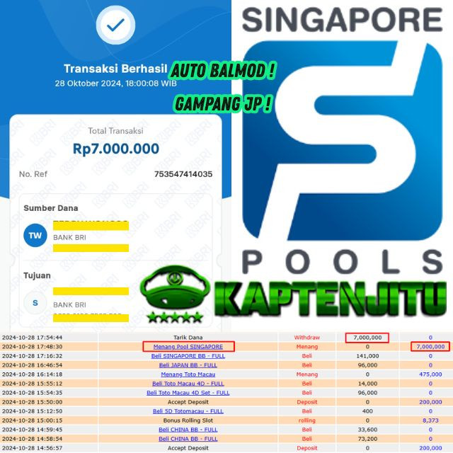 SELAMAT KEPADA ID XXXX JACKPOT PERMAINAN SINGAPORE POOL DI WEB KAPTENJITU