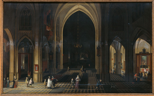 Neefs, Pieter I Интерьер церкви при свечах, 1636, 49 cm х 81 cm, Дерево, масло