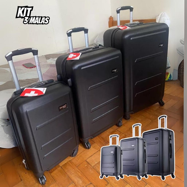 Kit 3 Mala De Viagem Rodas 360 Pmg Montreal Preta Swiss Move