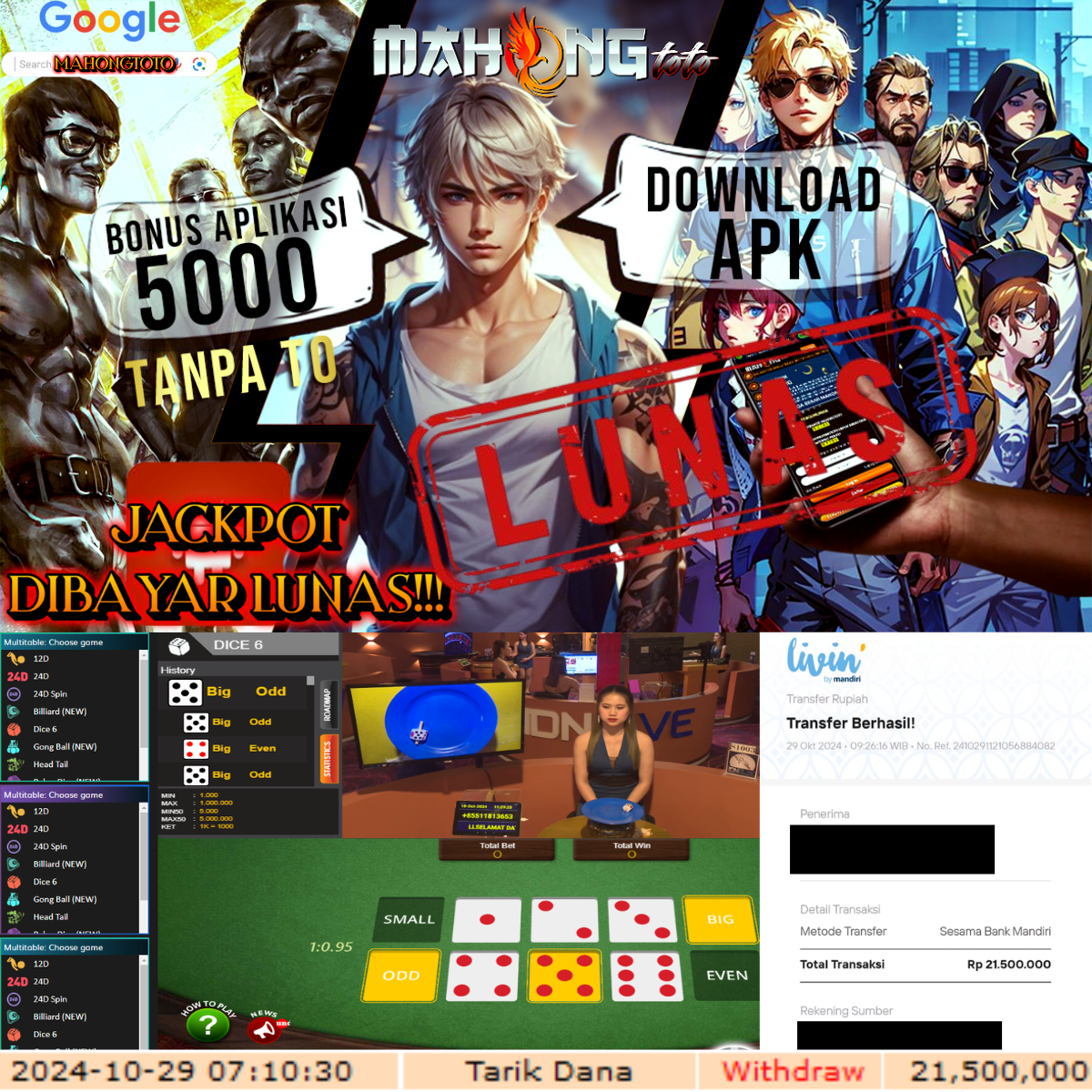 SELAMAT KEPADA ID HAXXXX JACKPOT PERMAINAN LIVE GAME DICE 6 DI WEB MAHONGTOTO