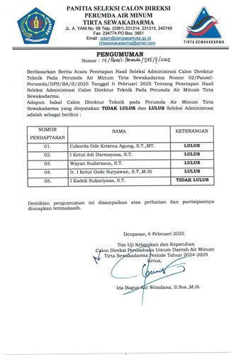 PENGUMUMAN HASIL SELEKSI ADMINISTRASI CALON DIREKTUR TEKNIK PERUMDA AIR MINUM TIRTA SEWAKADARMA page