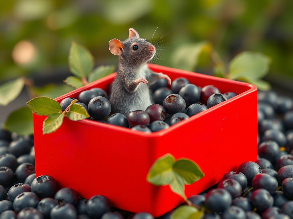 A red box of blue berries with a rat dancing inside