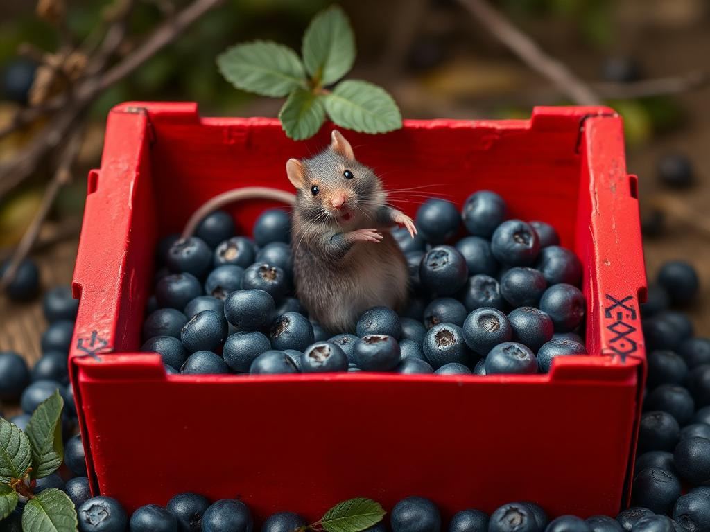 A red box of blue berries with a rat dancing inside