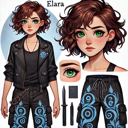 Elara, a 15 year old female character with short wavy brown hair dyed blue at the ends, green eyes, .jpg