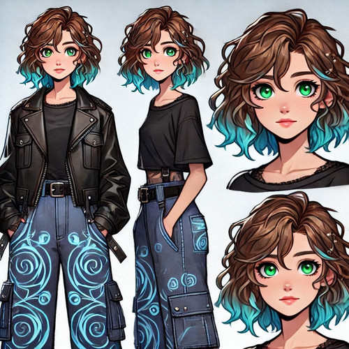 Elara, a 15 year old female character with short wavy brown hair dyed a bright but ghostly blue towa.jpg