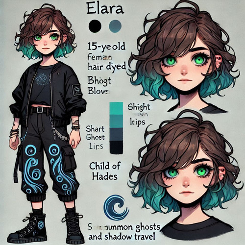 Elara, a 15 year old female character with short wavy brown hair dyed a bright but ghostly blue towa.jpg