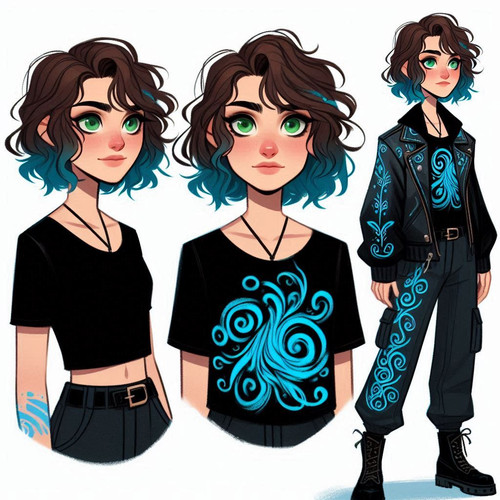 Elara, a demigod, child of Hades, attending CHB, with short wavy brown hair dyed a bright but ghostl.jpg