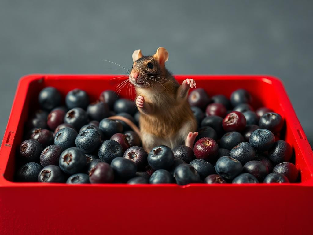 A red box of blue berries with a rat dancing inside