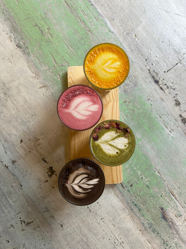 turmeric alchemy latte, beetroot latte, matcha latte, adaptogenic cacao latte.jpg