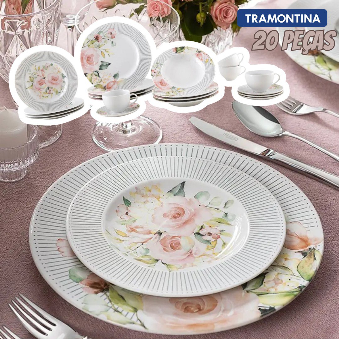 Aparelho de Jantar e Chá 20 Peças Tramontina Redondo de Porcelana Branco Ornatta 96589050