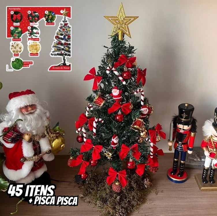 Arvore De Natal Pequena Decorada 45 Itens + Pisca Pisca Kit