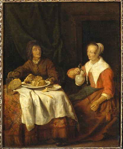 Metsu, Gabriel Мужчина и женщина за столом, 1660, 35,5 cm х 29 cm, Холст на панели, масло