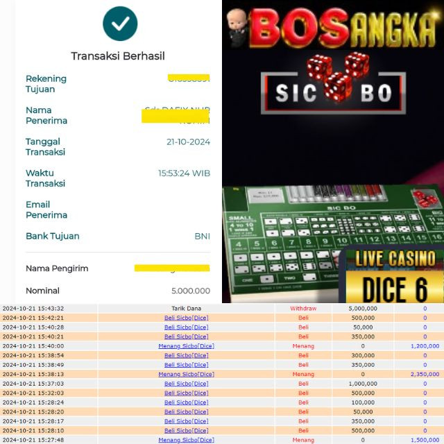 SELAMAT KEPADA ID XXXX JACKPOT PERMAINAN SICBO DICE 6 LIVE GAME DI WEB BOSANGKA
