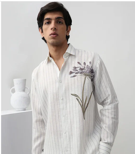 White Striped Print Luxury Linen Men's Cotton Shirt.png