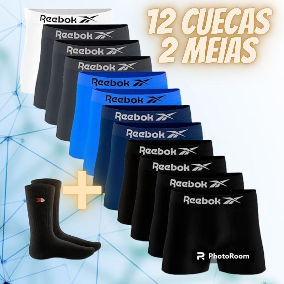 Kit 12 Cuecas Boxer Reebok Masculinas Microfibra, Adulto, Box Sem Costura + 2 Meias