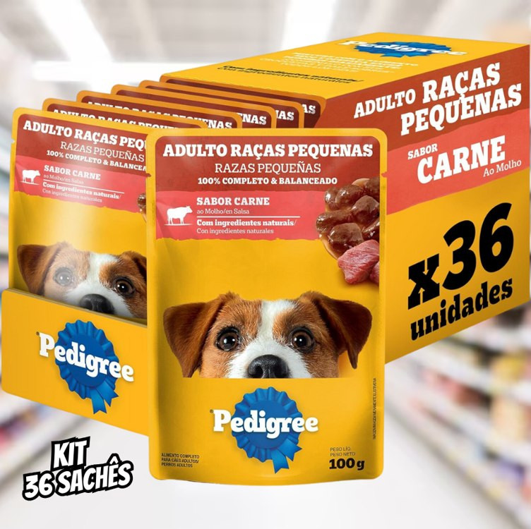 Pack de Ração Úmida Pedigree Sachê Carne ao Molho para Cães Adultos de Raças Pequenas, 36 sachês de 100 g