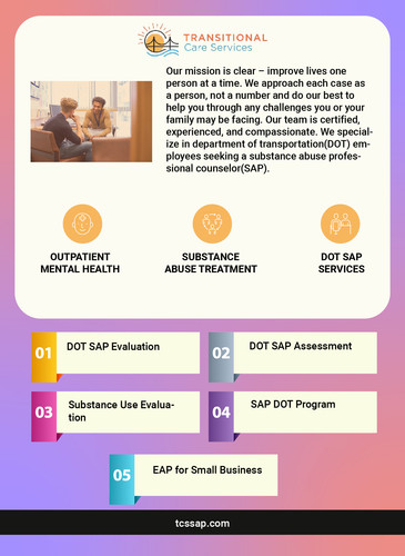 The SAP DOT Program at Transitional Care Service Inc ensures DOT compliance through substance abuse evaluations. For more information visit us at:- https://tcssap.com/