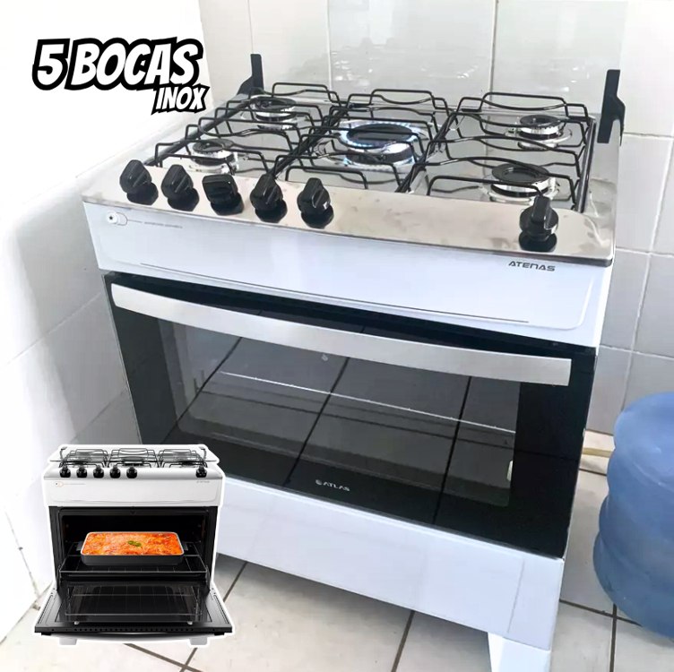 Fogão 5 Bocas Branco Com Mesa Inox Atlas Atenas Bivolt 110V/220V