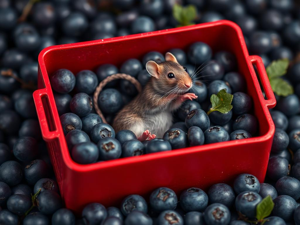 A red box of blue berries with a rat dancing inside