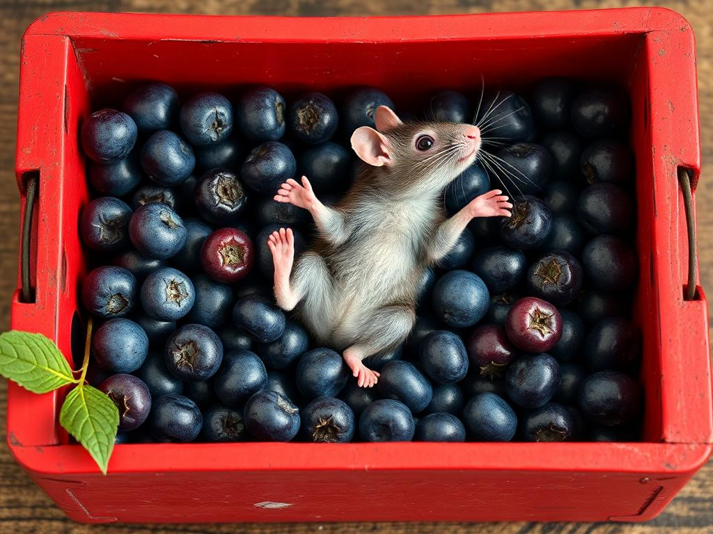 A red box of blue berries with a rat dancing inside