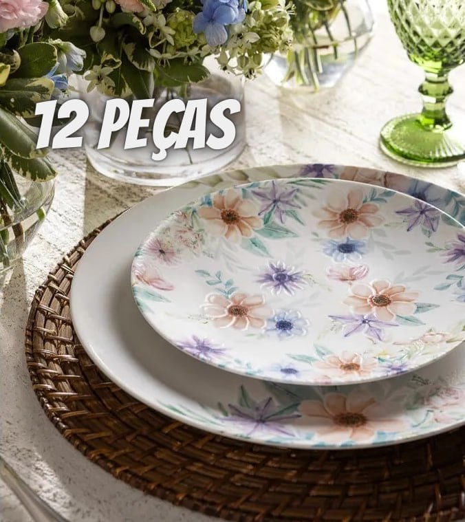 Jogo de Pratos Floratta em Porcelana Decorada 12 Peças Branco Tramontina