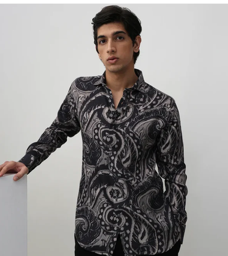 Men's Dark Grey Paisley Print Tencel Premium Party Wear Shirt.png
