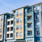 Exterior view of modern apartment building offering luxury rental units in Silicon Valley; Sunnyvale