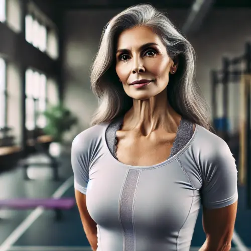 DALL·E 2024 12 24 10.21.46 A woman, 55 years old, wearing gym attire including a comfortable t shirt.webp