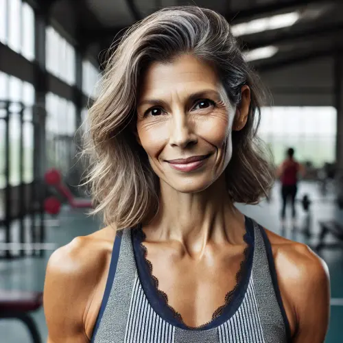 DALL·E 2024 12 24 10.21.40 A woman, 45 years old, wearing gym attire including a sleeveless top and .webp